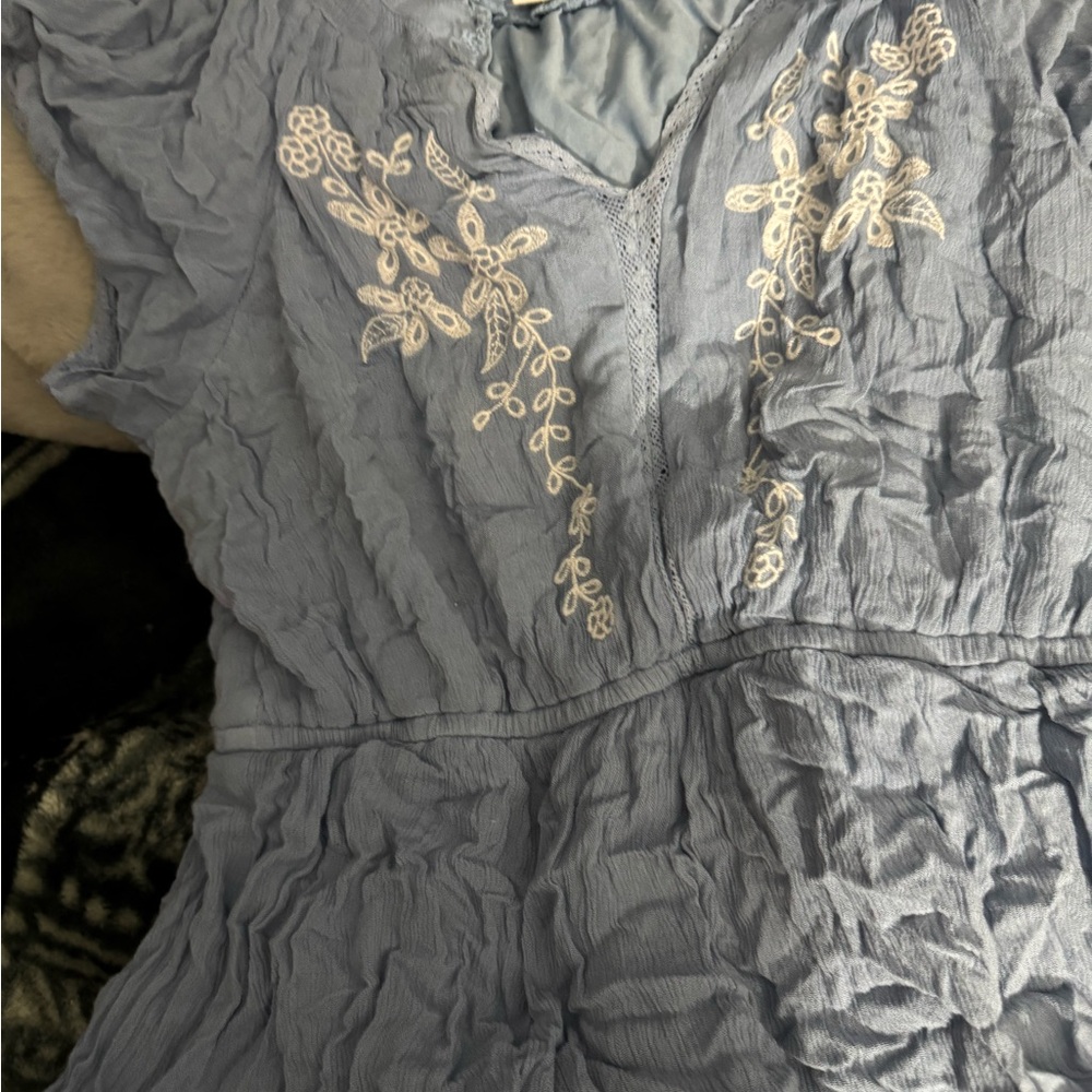 Blue Dress with White Embroidery